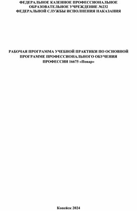 Рабочая программа учебной практики по профессии Повар- 264 часа