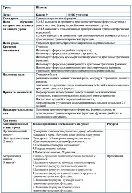 Обложка для материала 1Тригонометрические преобразования_Поурочный план