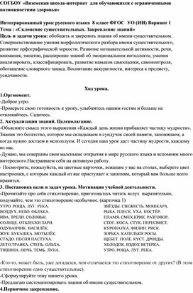 Интегрированный урок русского языка  8 класс ФГОС  УО (ИН) Вариант 1  Тема : «Склонение существительных. Закрепление знаний»