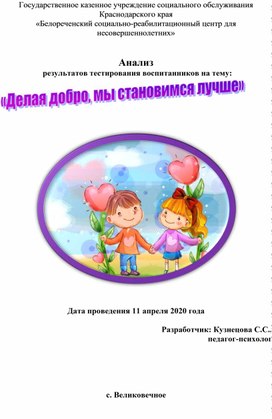 Анализ результатов тестирования воспитанников на тему: «Делая добро, мы становимся лучше»