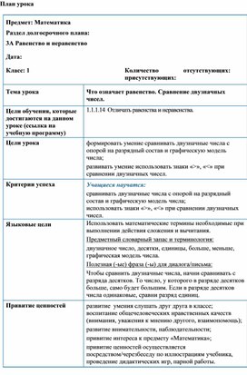 1СЧто означает равенство Сравнение двузначных чисел КРАТКОСРОЧНЫЙ ПЛАН