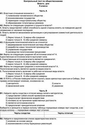 Контрольный тест по обществознанию Власть для 9 класса