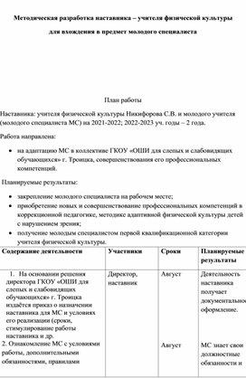 Методическая разработка наставника-учителя физической культуры для вхождения в предмет молодого специалиста