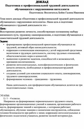 "Подготовка к профессиональной трудовой деятельности обучающихся с нарушениями интеллекта"