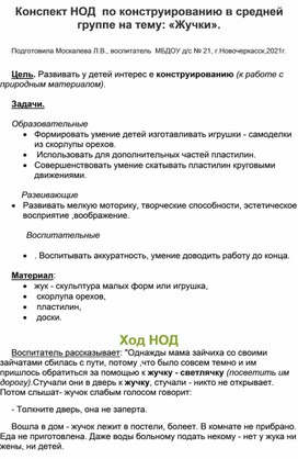 Конспект НОД по конструированию в средней группе на тему:"Жучки".