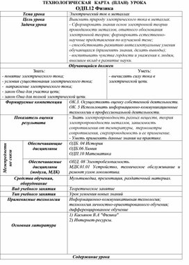 Технологическая карта урока "Электрический ток в металлах"