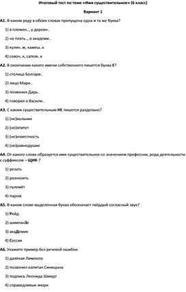 Итоговый тест по теме "Имя существительное" (6 класс)