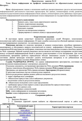Обложка для материала Практическое   занятие № 13 Тема: Поиск информации по профилю специальности на образовательных порталах Интернет.