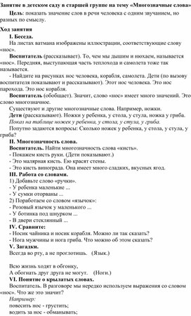 Занятие в детском саду в старшей группе на тему «Многозначные слова»