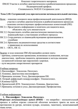 Конспект теоретического материала «Сестринский уход при патологии мочевыделительной системы»