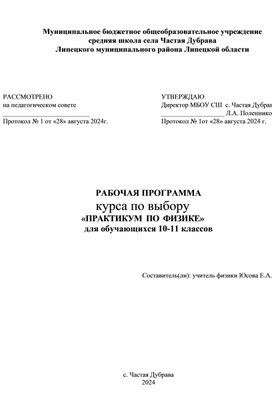 Обложка для материала Рабочая программа  практикума по физике для 10-11 классов