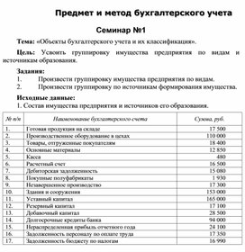 Обложка для материала Предмет и метод бухгалтерского учета  Семинар №1