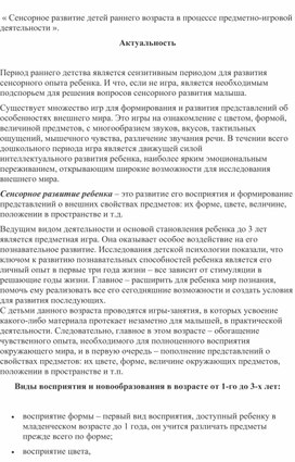 « Сенсорное развитие детей раннего возраста в процессе предметно-игровой деятельности »