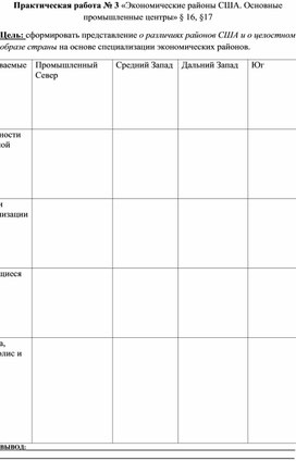 Практическая работа № 3 Экономические районы США. Основные промышленные центры