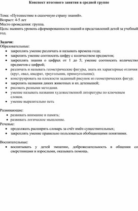 Конспект  итогового занятия  "Путешествие в сказочную страну знаний" средняя группа