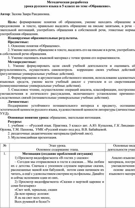 Методическая разработка  урока русского языка в 5 классе по теме «Обращение».