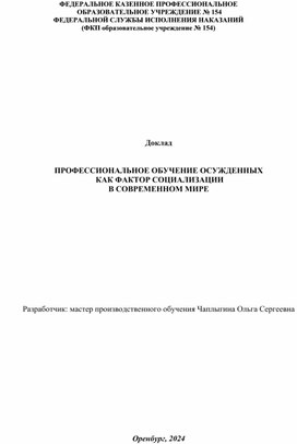 Обложка для материала Доклад "Ресоциолизация обучающихся-осужденных через производственное обучение".