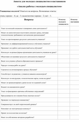 Анкета для молодых специалистов и их наставников "Анализ работы с молодым специалистом"