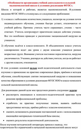 Анализ педагогической деятельности по теме "Особенности организации учебной деятельности в сельской малокомплектной школе в условиях реализации ФГОС"