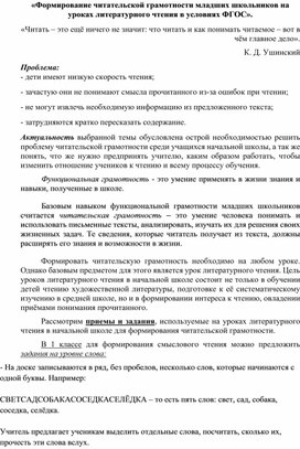 «Формирование читательской грамотности младших школьников на уроках литературного чтения в условиях ФГОС»