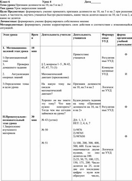 Технологическая карта урока по математике на тему "Признаки делимости натуральных чисел" (6 класс)