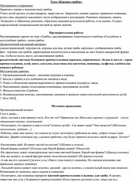 Конспект занятия в средней группе:Аппликация "Корзина грибов".