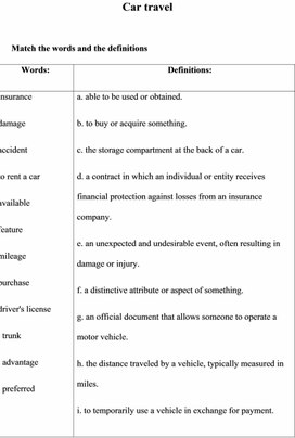 Лексическое упражнение на тему "Car travel" уровень С1-С2