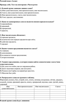 Русский язык. 4 класс.Итоговый тест по теме "Части речи"