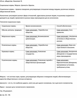 Конспект урока в 10 классе по обществознанию. Тема: Социальные нормы. Мораль. Ценности. Идеалы.