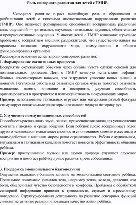 Обложка для материала Роль сенсорного развития для детей с ТМНР