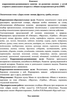Обложка для материала Конспект коррекционно-развивающего занятия  по развитию лексики  у детей  старшего дошкольного возраста с общим недоразвитием речи (ОНР)