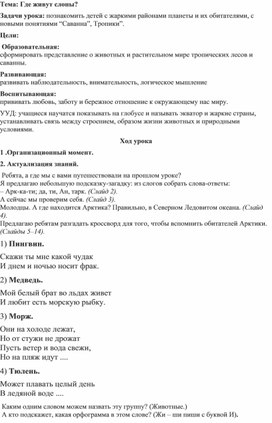 Разработка урока окружающего мира по теме: "Где живут слоны?"