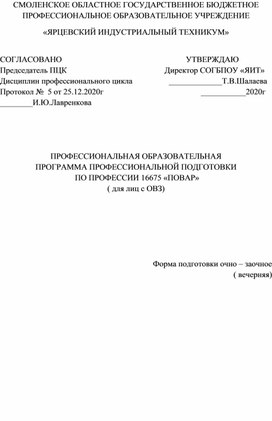 Профессиональная образовательная программа профессиональной подготовки по профессии 16675 «Повар» (для лиц с ОВЗ)