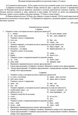 Входная контрольная работа по русскому языку 5 класс