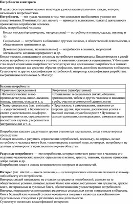 Обложка для материала Потребности и интересы