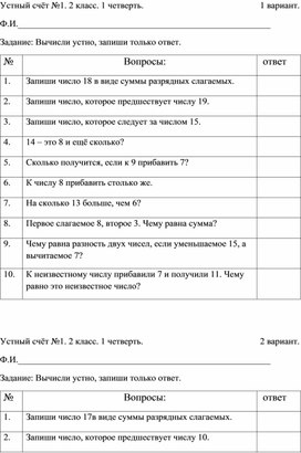 Обложка для материала Карточки для отработки навыков устного счёта во 2 классе, I полугодие.