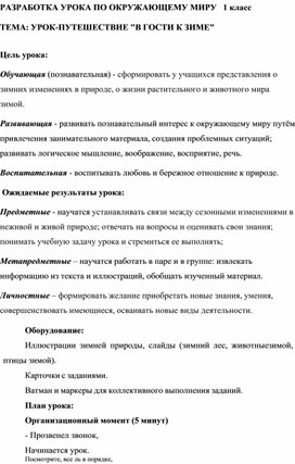 Открытый урок-путешествие на тему: "В гости к зиме" 1 класс