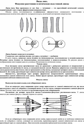 Виды линз. Фокусное расстояние и оптическая сила тонкой линзы