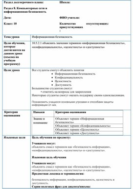 Обложка для материала 2Информационная безопасность2_10 класс_Краткосрочный план