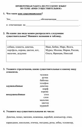 Проверочная работа по русскому языку на тему "Имя Существительное" (4 класс)