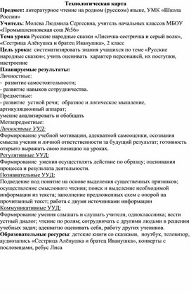 Технологическая карта по литературному чтению на родном (русском) языке 2 класс по теме "Русские народные сказки"