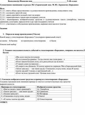 Обложка для материала Суммативная работа за раздел "Героический эпос." М.Ю.Лермонтов. "Бородино"