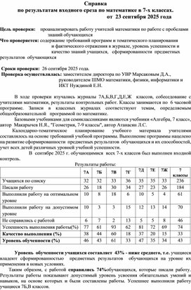 Обложка для материала Справка по результатам входного среза по математике в 7-х классах. 	от  23сентября 2025 года