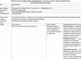 Технологическая карта урока математики в 6 классе по теме «Решение уравнений»  по учебнику Виленкина Н.Я.