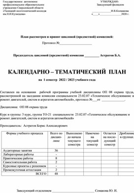 КТП ОП 08 охрана труда, специальности 23.02.07 «Техническое обслуживание и ремонт двигателей, систем и агрегатов автомобилей»