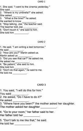 Обложка для материала Рабочие карточки по косвенной речи