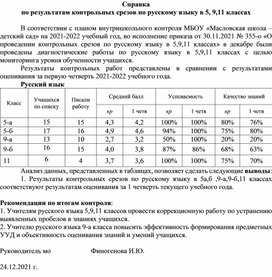 Справка по результатам контрольных срезов по русскому языку в 5, 9,11 классах