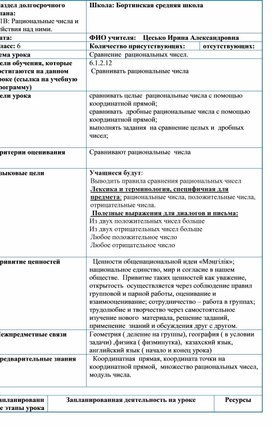 Открытый урок по математике на тему:"Сравнение рациональных чисел" в 6 классе