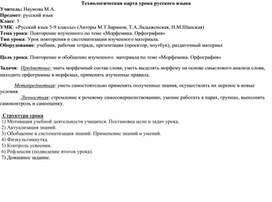 Технологическая карта урока русского языка. Повторение изученного по теме «Морфемика. Орфография»  Урок повторения и систематизации изученного материала.