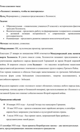 Классный час«Холокост: помнить, чтобы не повторилось»